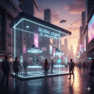 A futuristic holographic storefront in a busy city at sunset, displaying floating shoes and watches with the text "Global Goods: Earn Commission."