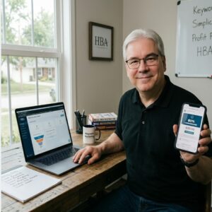 A smiling Jim Wright with white hair and glasses, wearing a black polo shirt, sitting at a home office desk. He is holding up a smartphone that displays an text about 80% commissions, and next to him is an open laptop.